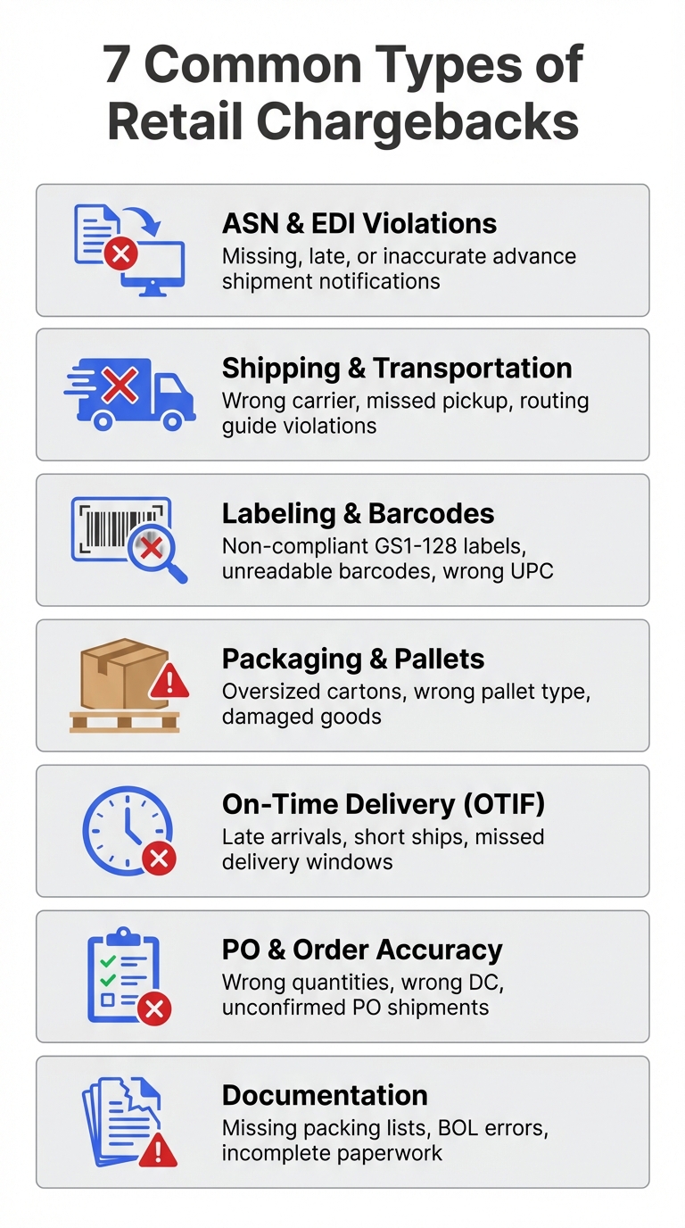 7 common types of retail chargebacks including ASN violations, shipping errors, labeling issues, packaging problems, OTIF penalties, PO accuracy, and documentation failures