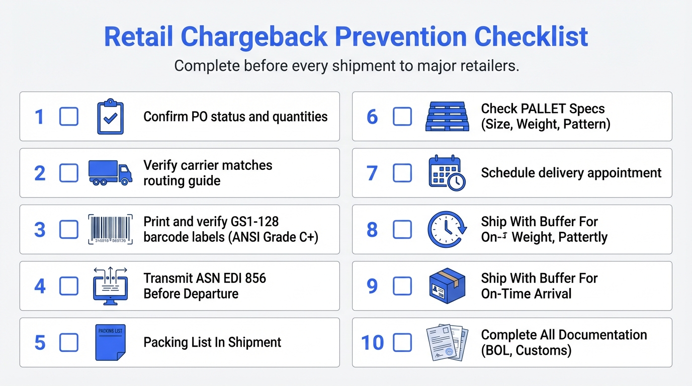 Retail chargeback prevention checklist with 10 steps to complete before every shipment to major retailers
