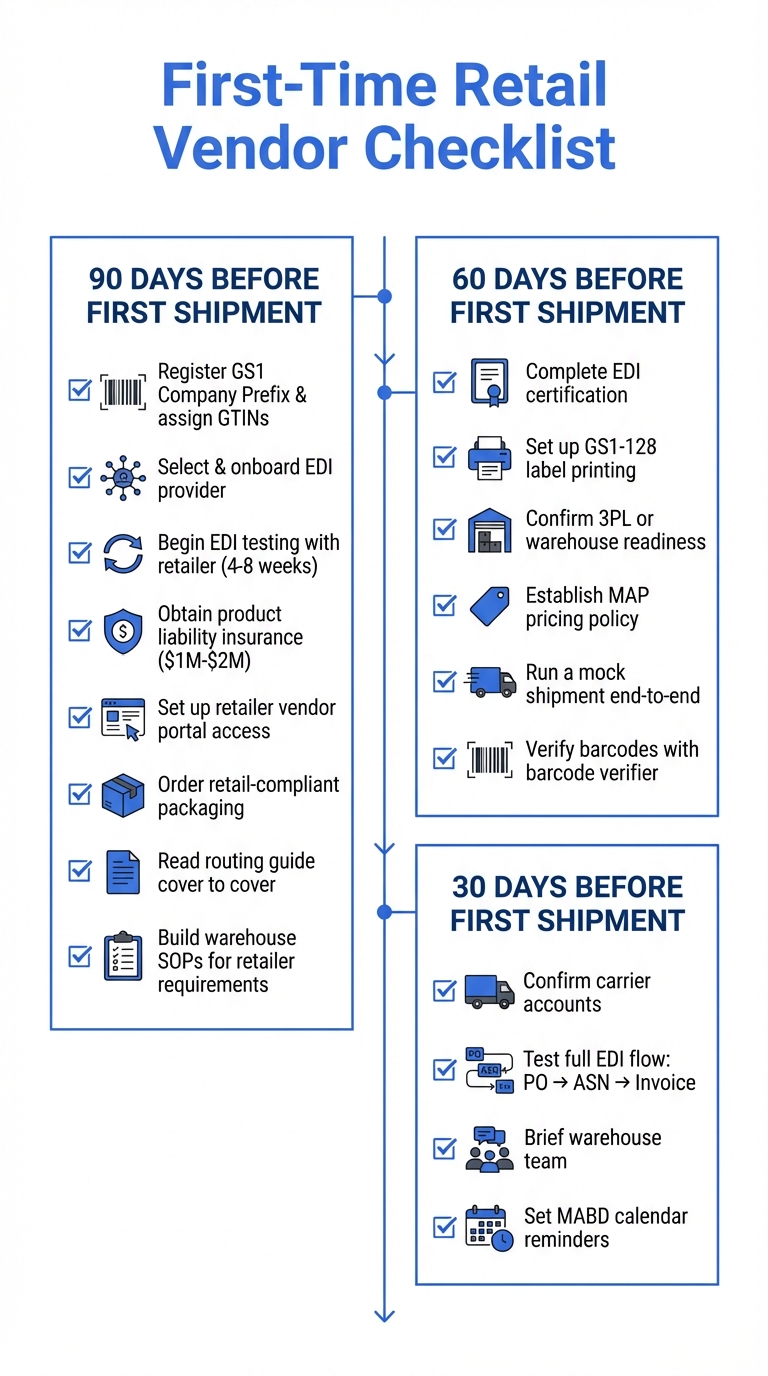 First-time retail vendor checklist organized by 90, 60, and 30 days before first shipment with tasks for GS1, EDI, packaging, and compliance