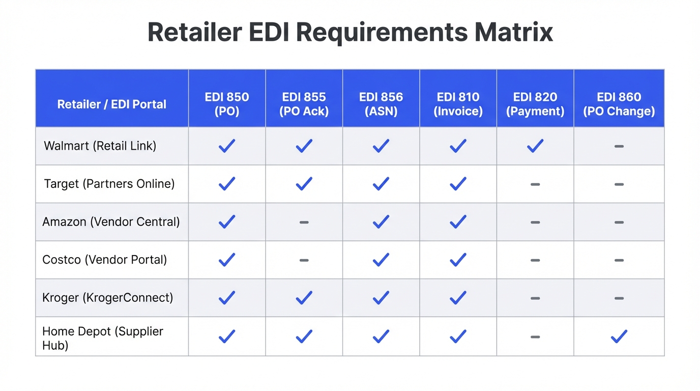 Retailer EDI requirements matrix showing which transaction sets Walmart, Target, Amazon, Costco, Kroger, and Home Depot require