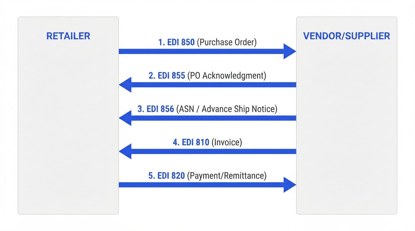 EDI transaction flow diagram showing the order cycle between retailer and vendor using EDI 850, 855, 856, 810, and 820