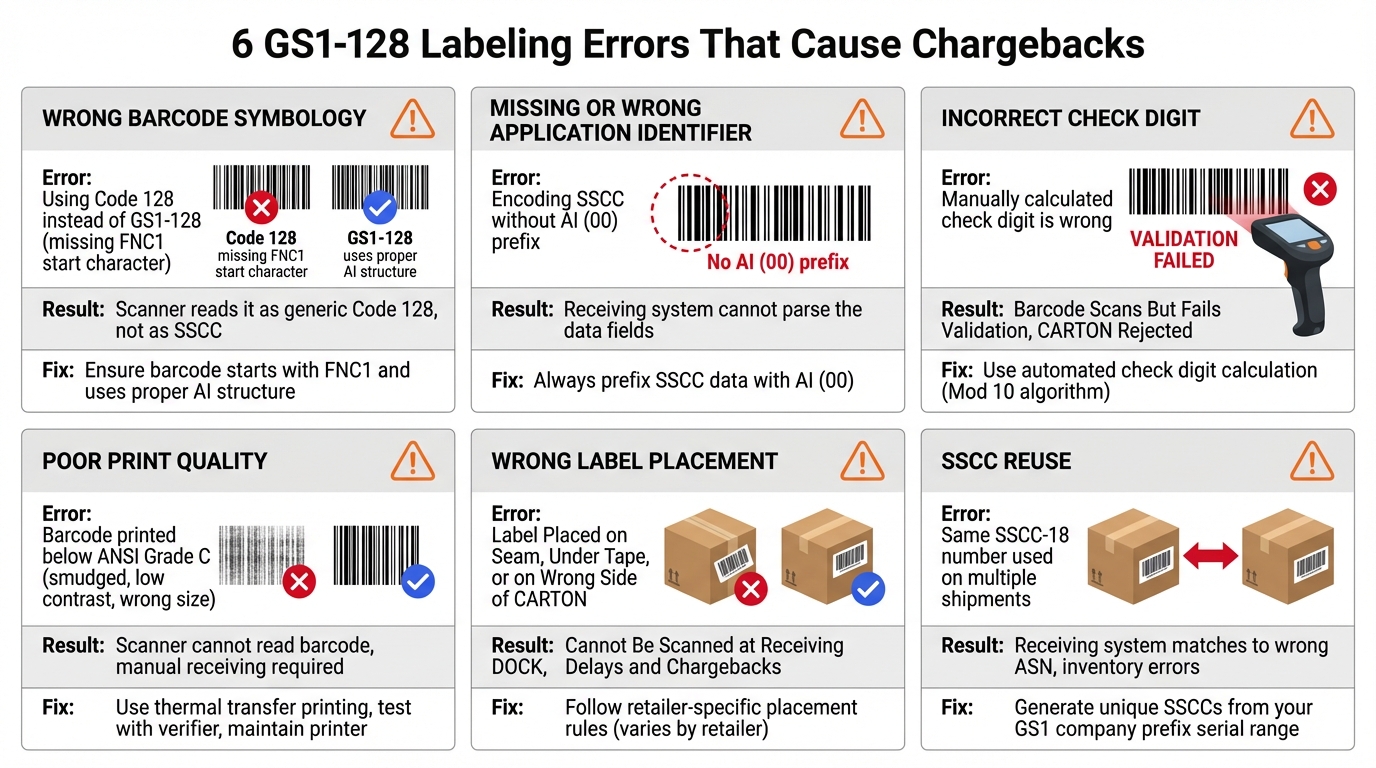 Six common GS1-128 labeling errors: wrong barcode symbology, missing application identifier, incorrect check digit, poor print quality, wrong label placement, and SSCC reuse, each with error description, result, and fix