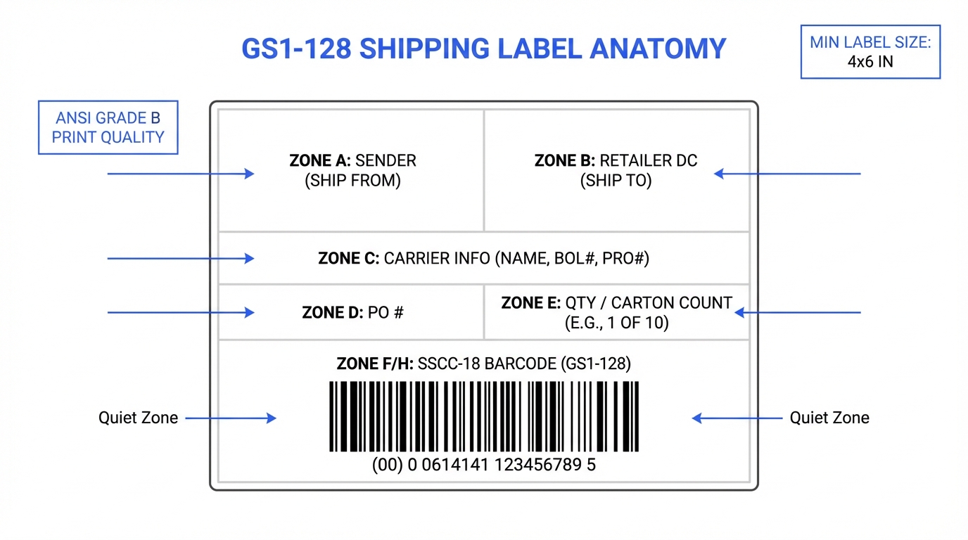 GS1-128 shipping label anatomy showing zones: Ship From (Zone A), Ship To (Zone B), Carrier Info (Zone C), PO Number (Zone D), Quantity/Carton Count (Zone E), and SSCC-18 barcode in GS1-128 format (Zone F/H) with quiet zones marked