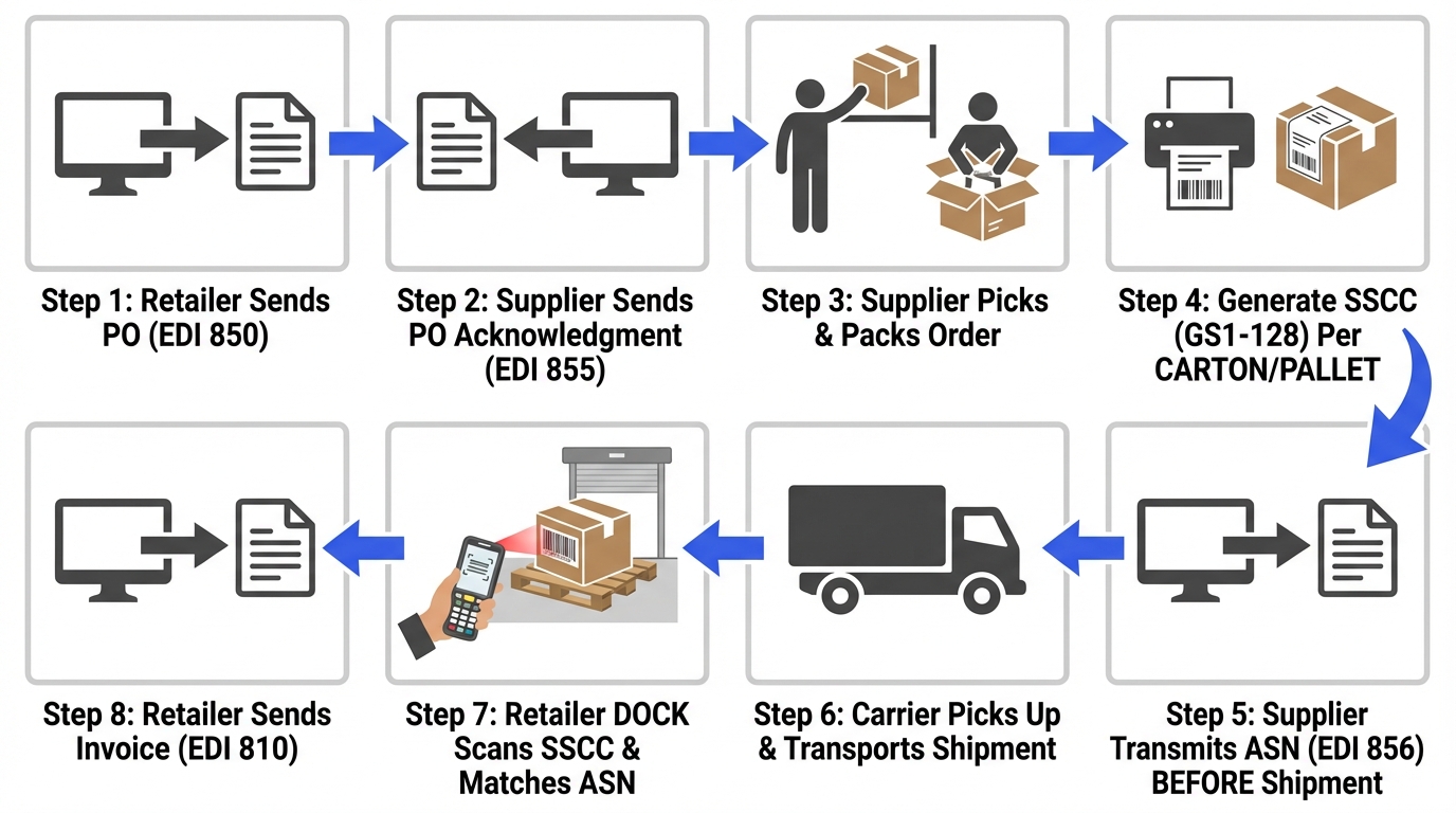 ASN process flow diagram showing 8 steps from purchase order to invoice: PO, PO acknowledgment, pick and pack, SSCC label generation, ASN transmission, carrier pickup, receiving dock scan, and invoice