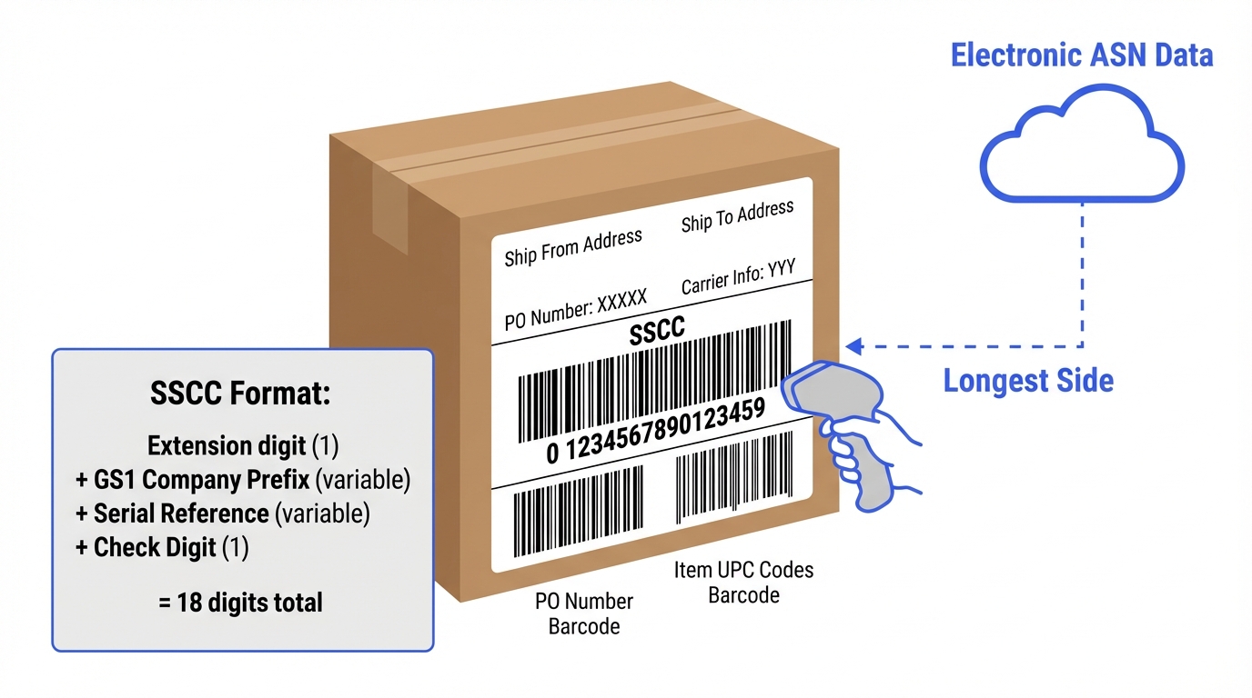 SSCC label anatomy showing a shipping label on a carton with Ship From/To addresses, PO number, carrier info, SSCC barcode, and the 18-digit SSCC format breakdown: extension digit, GS1 company prefix, serial reference, and check digit