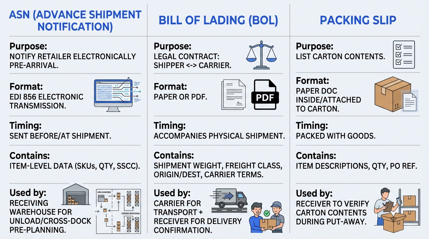 Side-by-side comparison of ASN (electronic, sent before shipment, item-level data), Bill of Lading (legal carrier contract, paper, shipment weight and terms), and Packing Slip (paper list of carton contents, packed with goods)