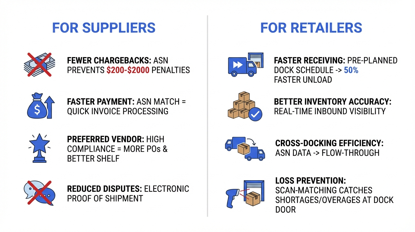 ASN benefits split into two columns: For Suppliers (fewer chargebacks, faster payment, preferred vendor status, reduced disputes) and For Retailers (faster receiving, better inventory accuracy, cross-docking efficiency, loss prevention)