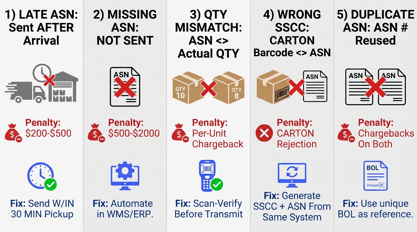 Five common ASN errors: Late ASN ($200-$500 penalty), Missing ASN ($500-$2000), Quantity Mismatch (per-unit chargeback), Wrong SSCC (carton rejection), and Duplicate ASN (chargebacks on both shipments), each with prevention tips