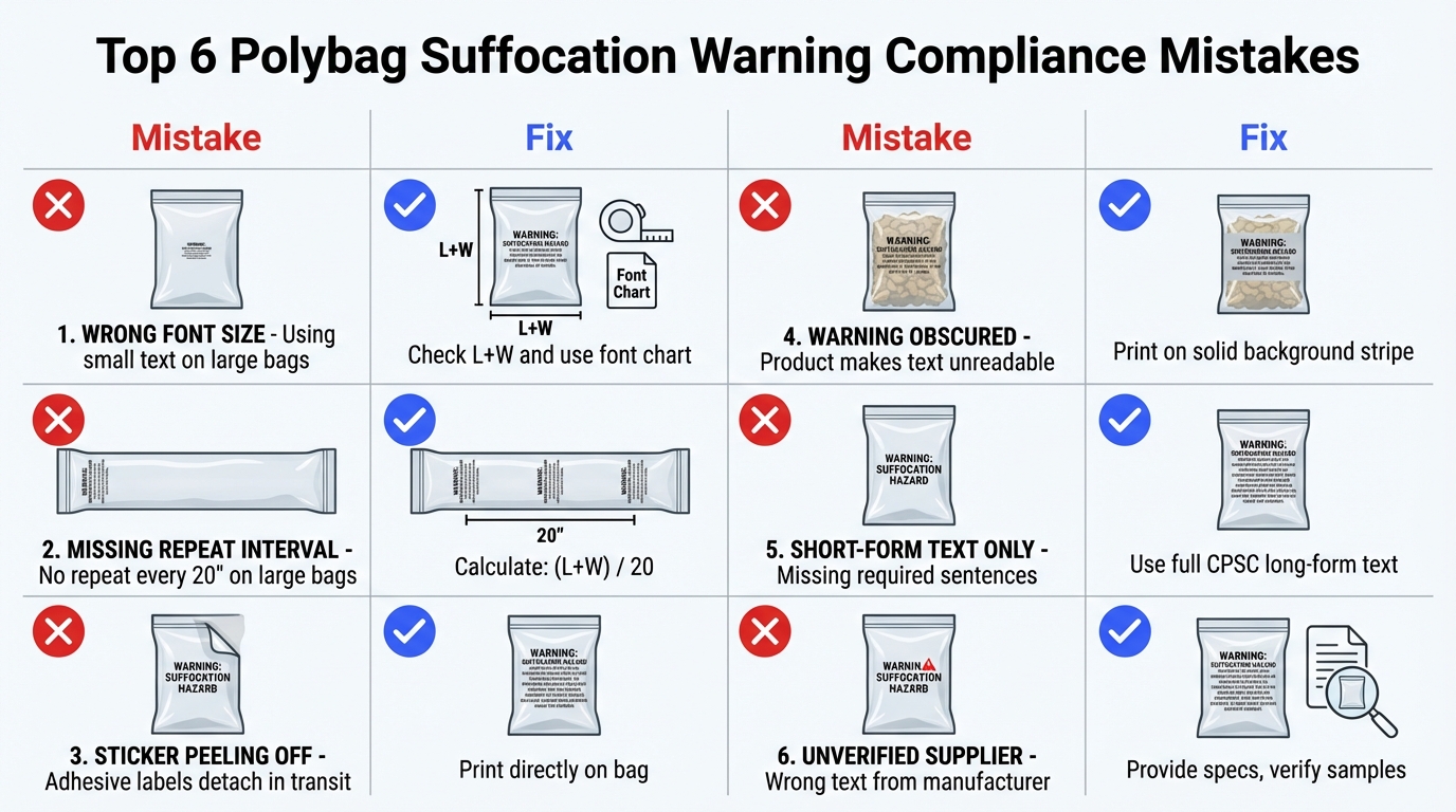 Top 6 polybag suffocation warning compliance mistakes: wrong font size, missing repeat interval, sticker peeling off, warning obscured, short-form text only, and unverified supplier