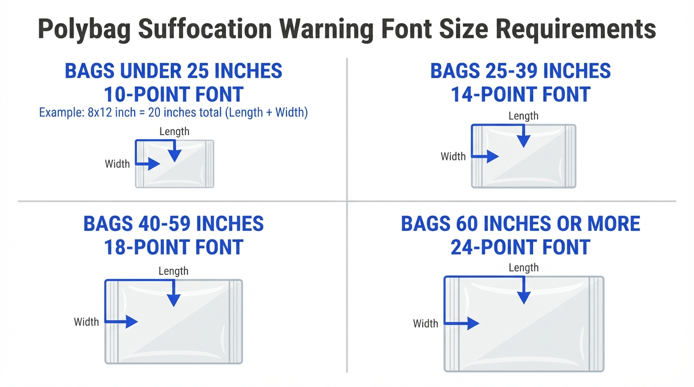 Polybag suffocation warning font size requirements chart showing minimum font sizes by bag dimensions: under 25 inches requires 10pt, 25-39 inches requires 14pt, 40-59 inches requires 18pt, 60+ inches requires 24pt