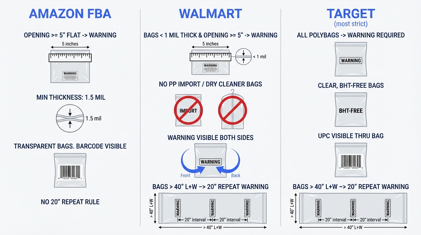 Amazon vs Walmart vs Target polybag suffocation warning requirements comparison showing warning triggers, bag thickness, material requirements, and repeat interval rules