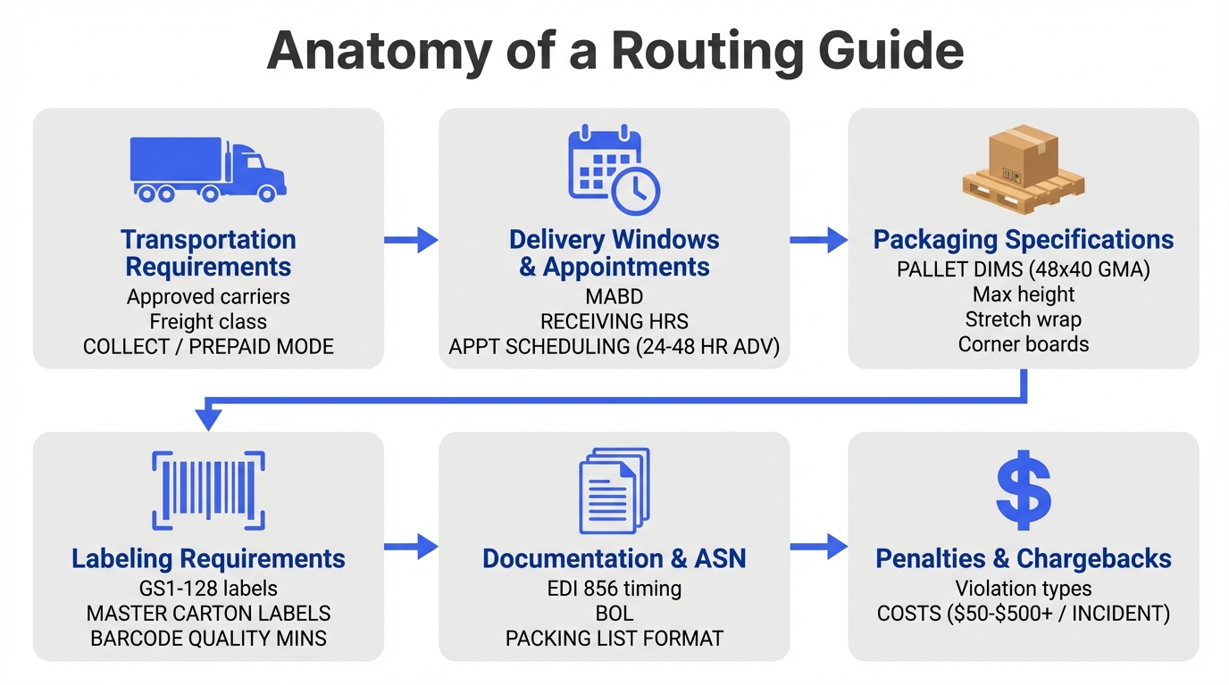 Anatomy of a routing guide showing 6 key sections: transportation requirements, delivery windows, packaging specifications, labeling requirements, documentation and ASN, and penalties