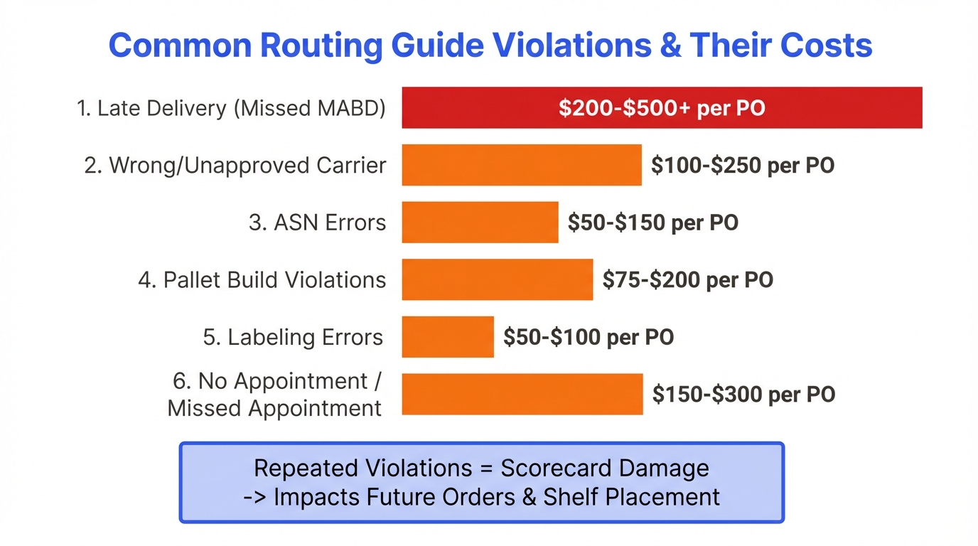Common routing guide violations and their costs showing late delivery, wrong carrier, ASN errors, pallet build violations, labeling errors, and missed appointments