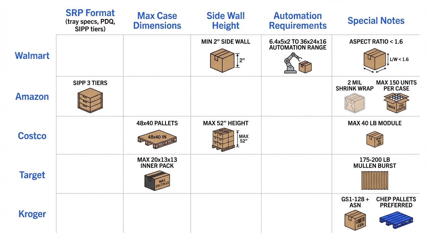 Comparison of shelf ready packaging requirements across Walmart, Amazon, Costco, Target, and Kroger showing SRP format, max dimensions, side wall height, automation requirements, and special notes