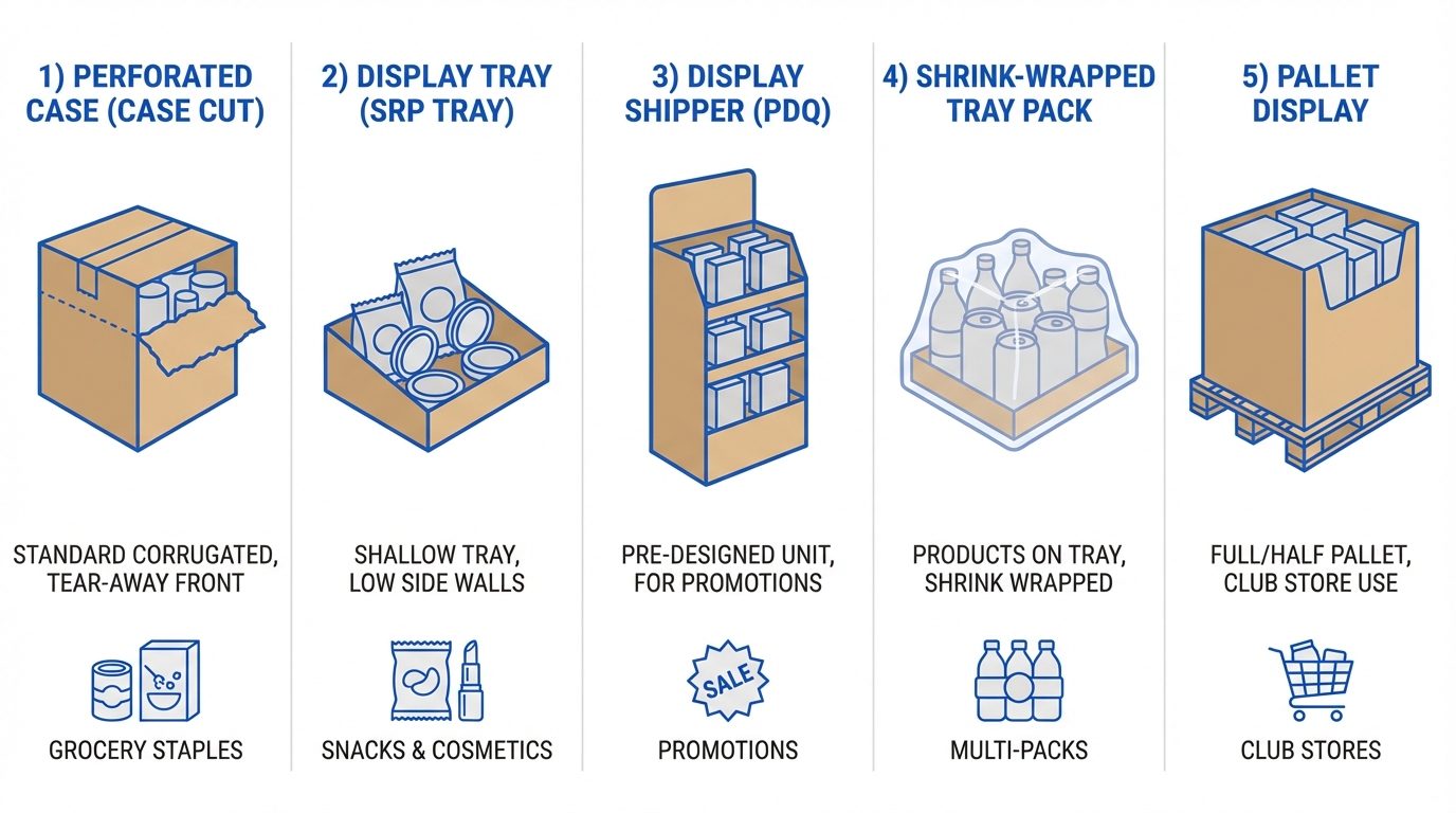 Five types of shelf ready packaging compared: perforated case cut, display tray, PDQ display shipper, shrink-wrapped tray pack, and pallet display for club stores