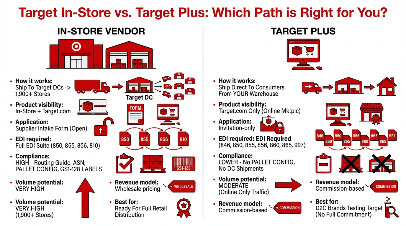 Target in-store vendor vs Target Plus marketplace comparison showing fulfillment model, compliance requirements, and volume potential