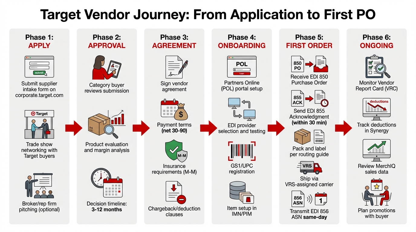 Target vendor journey flowchart from application to first purchase order showing 6 phases: apply, approval, agreement, onboarding, first order, ongoing