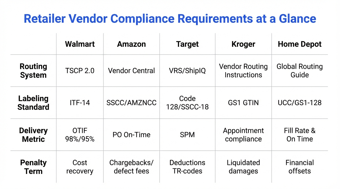 Comparison matrix of vendor compliance requirements across Walmart, Amazon, Target, Kroger, and Home Depot including routing systems, labeling standards, delivery metrics, and penalty terms