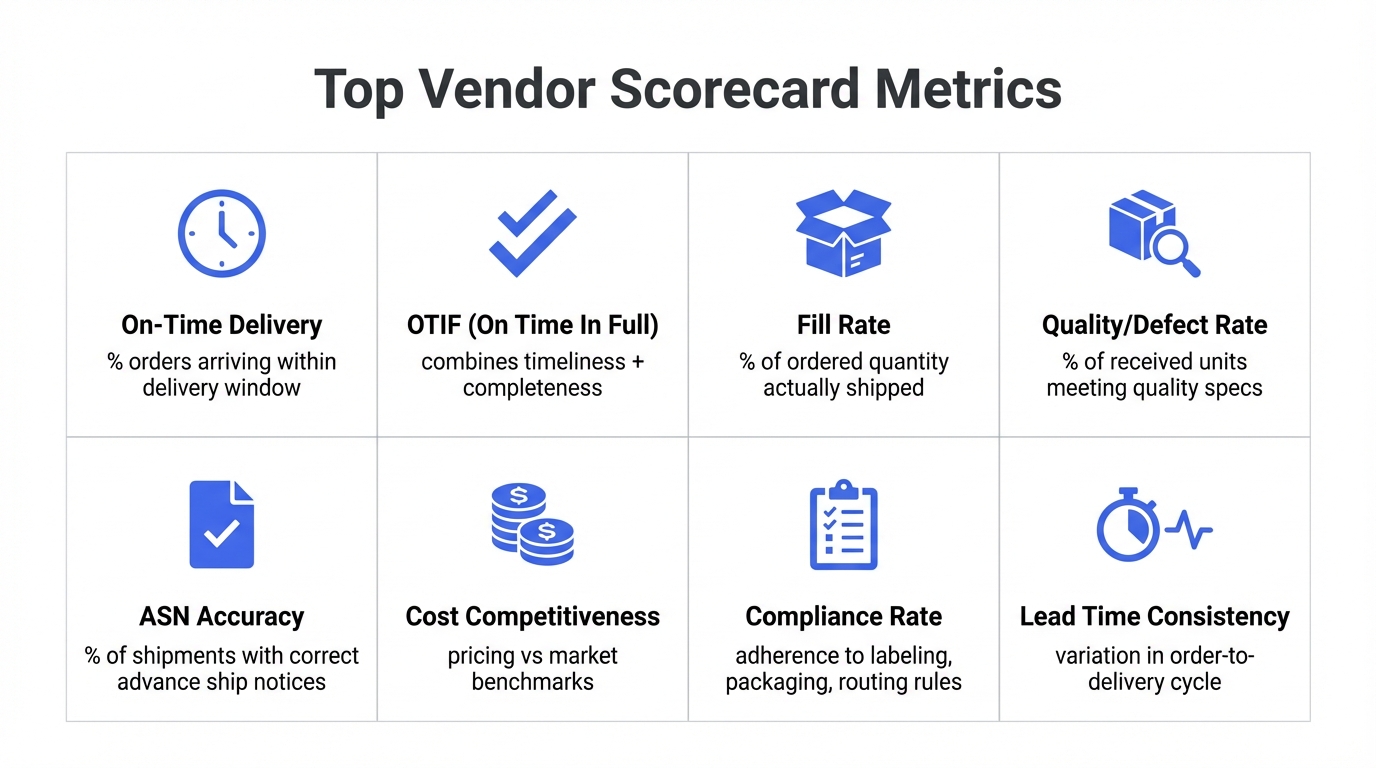 Top vendor scorecard metrics: on-time delivery, OTIF, fill rate, quality/defect rate, ASN accuracy, cost competitiveness, compliance rate, and lead time consistency
