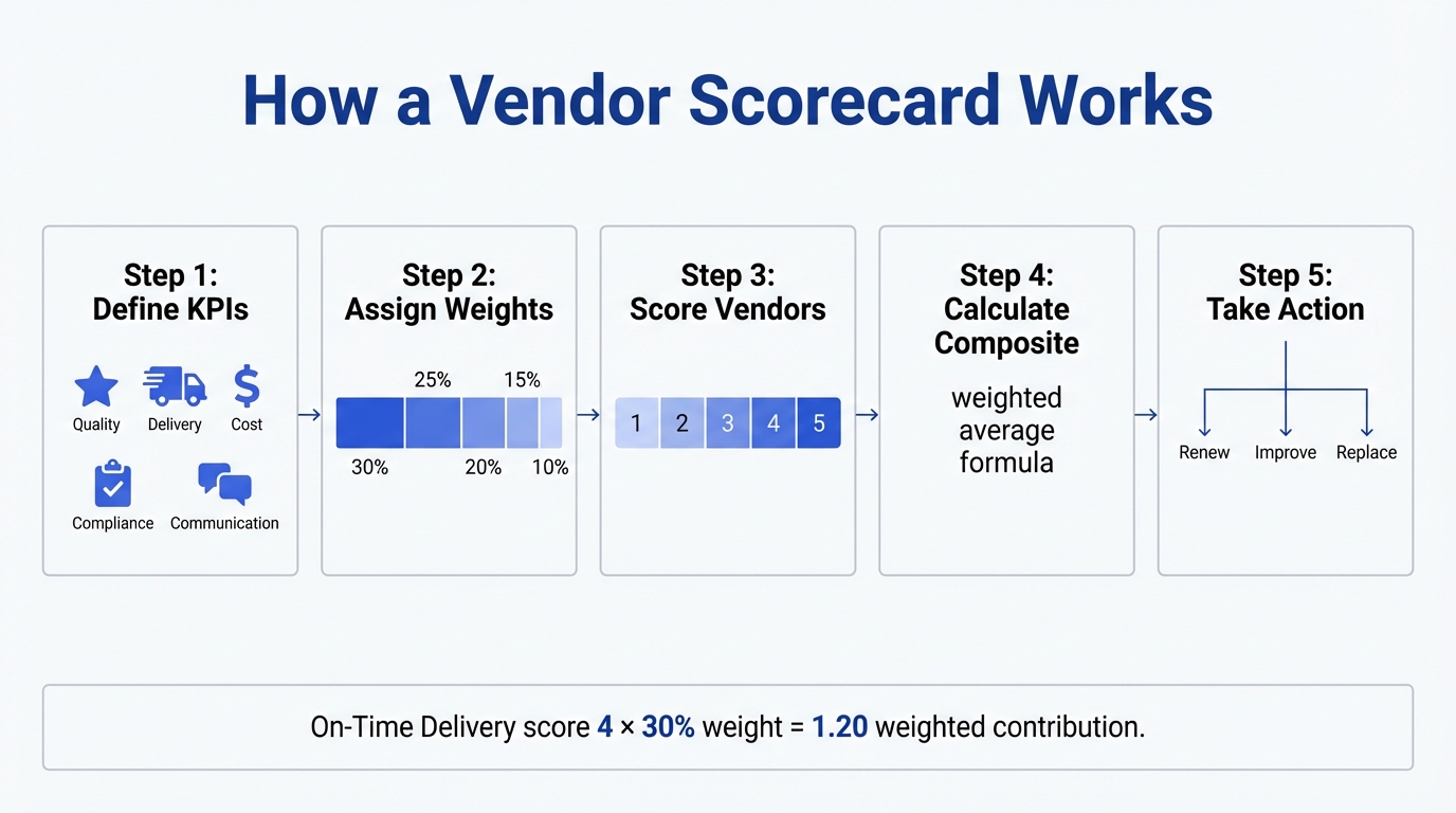 How a vendor scorecard works: 5-step process from defining KPIs and assigning weights to scoring vendors, calculating composite scores, and taking action