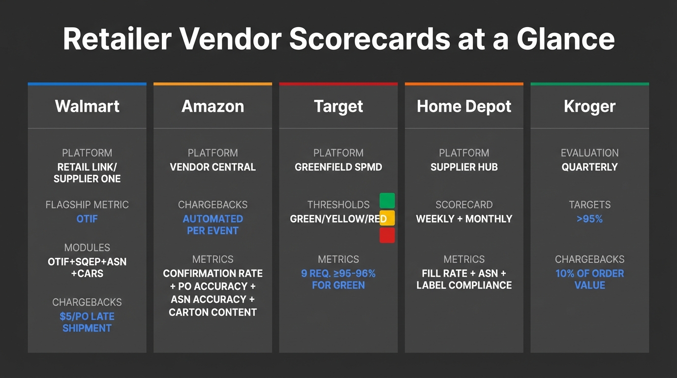 Retailer vendor scorecards at a glance comparing Walmart, Amazon, Target, Home Depot, and Kroger platforms, metrics, thresholds, and chargeback structures