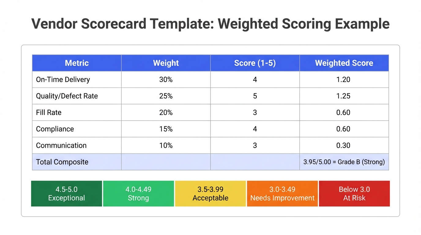 Vendor scorecard template showing weighted scoring example with five metrics, scores on a 1-5 scale, weighted calculations, and a composite grade of 3.95 out of 5.00