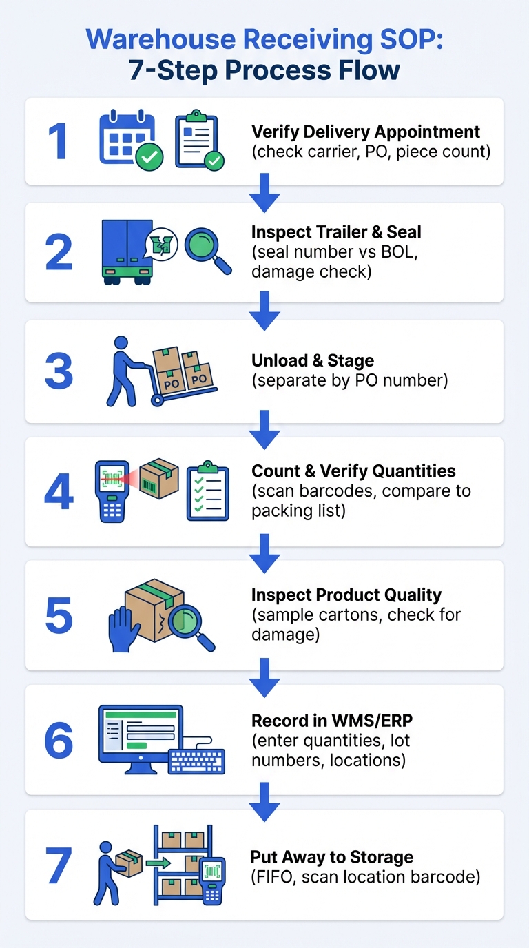 Warehouse receiving SOP 7-step process flow showing verify appointment, inspect trailer, unload and stage, count and verify, inspect quality, record in WMS, and put away to storage