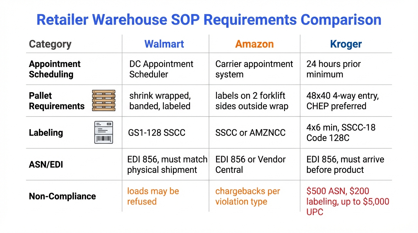 Comparison of warehouse SOP requirements across Walmart, Amazon, and Kroger covering appointment scheduling, pallet requirements, labeling, ASN/EDI, and non-compliance penalties