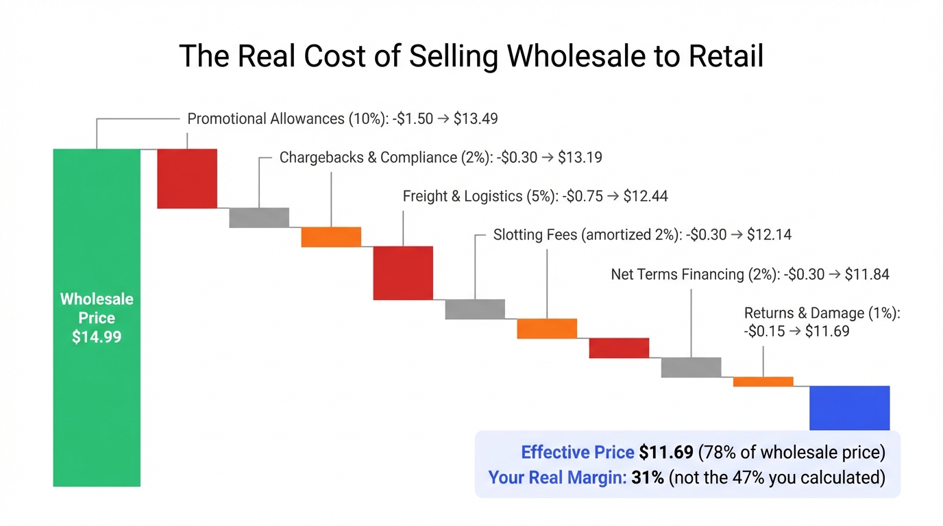 Waterfall chart showing how a $14.99 wholesale price becomes $11.69 after hidden costs like promotional allowances, chargebacks, freight, and slotting fees